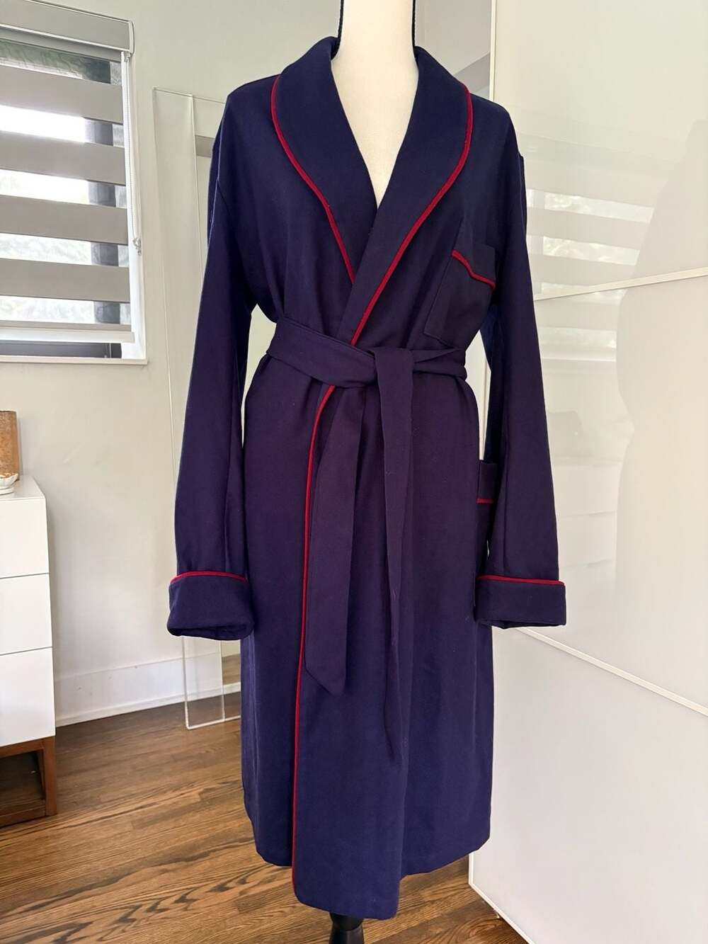 Vintage Savile Row 100% Wool Robe Navy Blue/ Red Piping Made in Great Britain